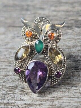 Nicky Butler 925 Sterling Silver Designer Owl Gemstone Size 8 Ring Amethyst NB